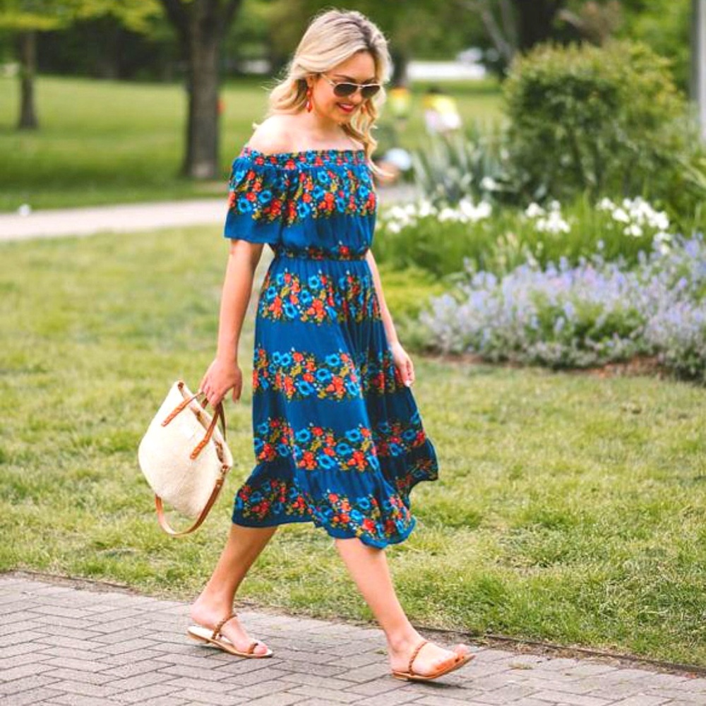 Off-Shoulder Smocked Midi Dress with Floral Print